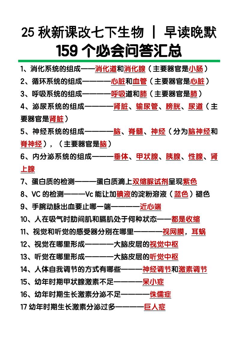 【2025秋新版】七下生物159个必会问答汇总-网亿资源平台