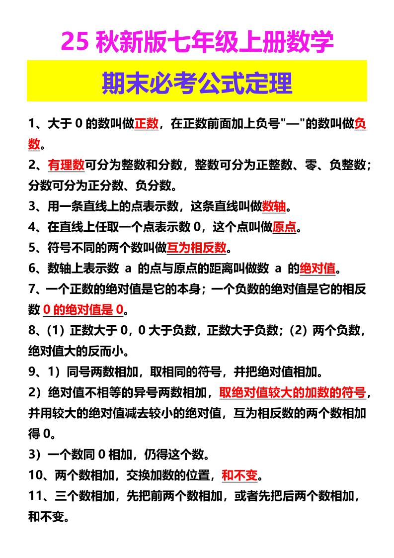 【2025秋新版】七年级上册数学期末必考公式定理-网亿资源平台