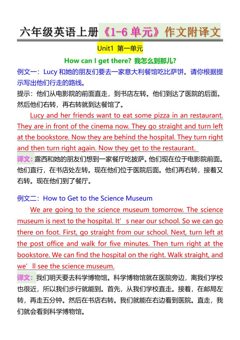 六年级英语上册《1-6单元》作文附译文-网亿资源平台