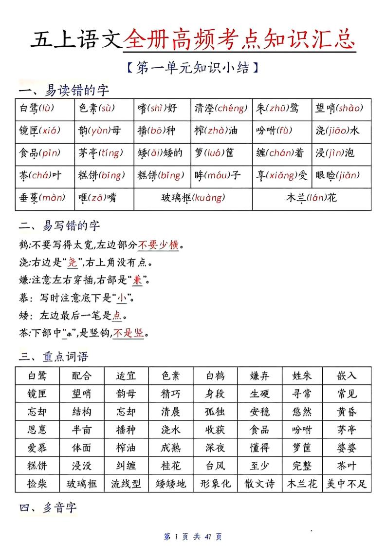 五上语文期中高频考点-网亿资源平台