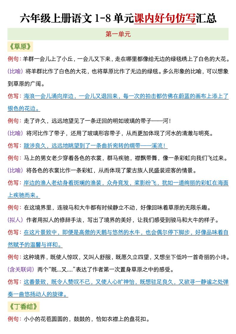 六年级上语文1-8单元课内好句仿写汇总-网亿资源平台