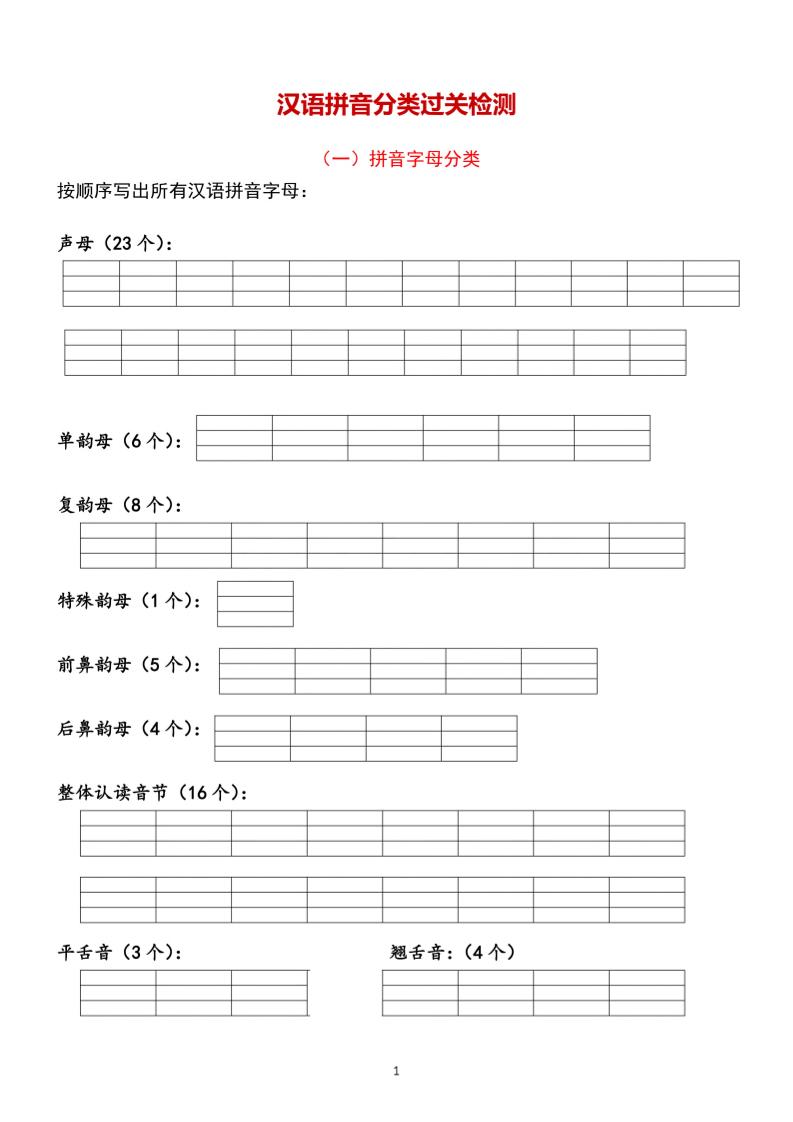 一年级上语文汉语拼音【分类过关】检测-网亿资源平台