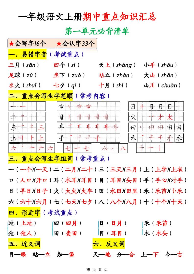 一年级上语文期中重点知识汇总-网亿资源平台