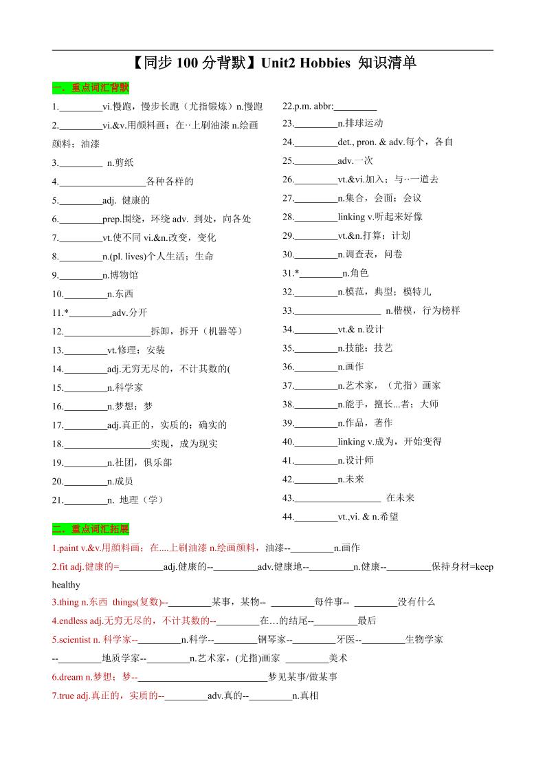 七年级上英语Unit2知识清单背默-网亿资源平台