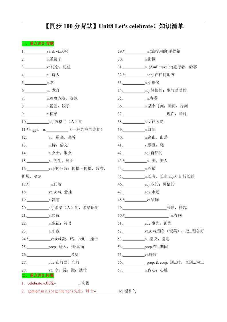 七年级上英语Unit8知识清单背默-网亿资源平台