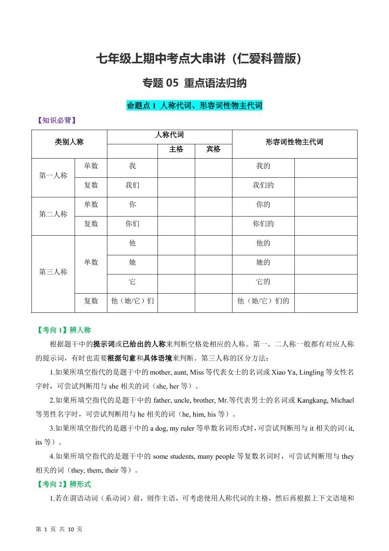 七年级上英语重点语法归纳-仁爱科普版-网亿资源平台