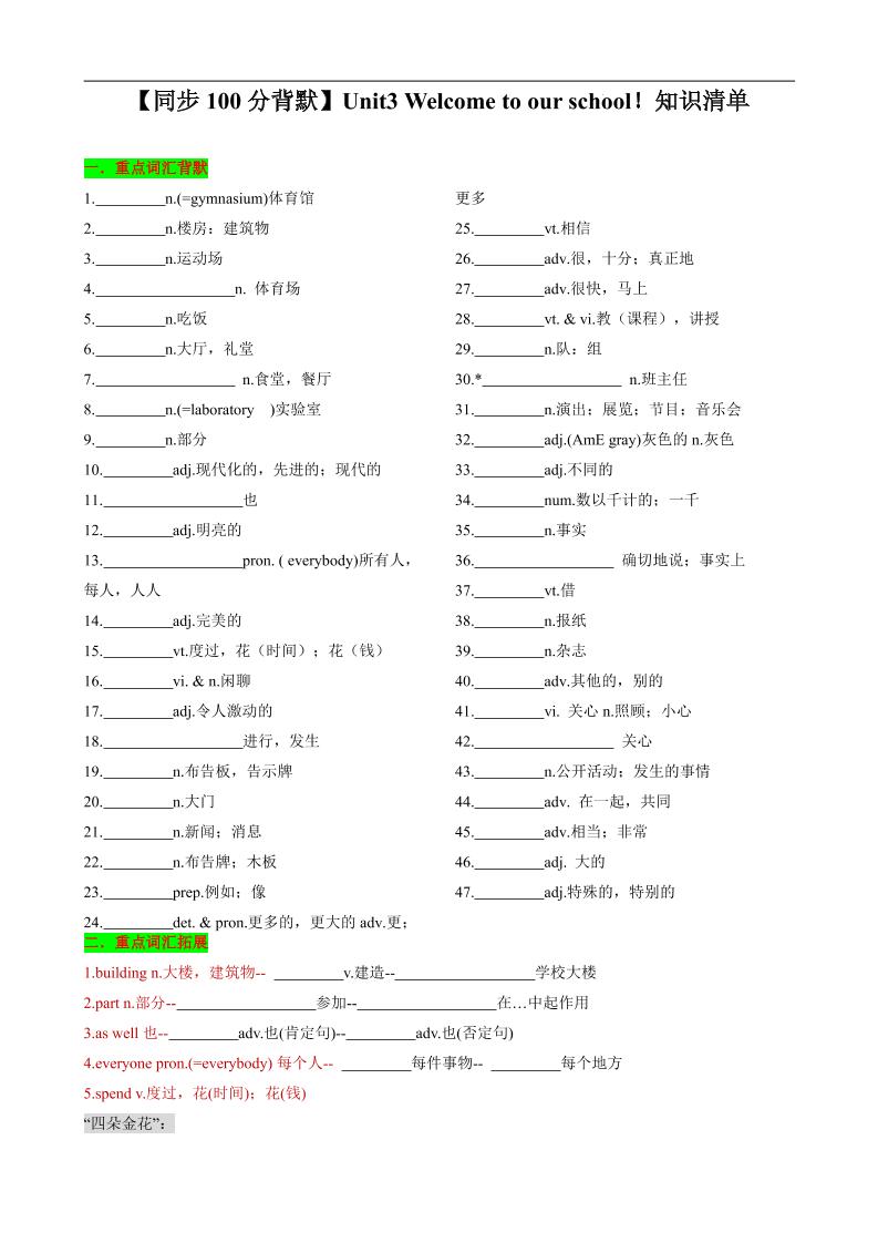 七年级上英语Unit3知识清单背默-网亿资源平台
