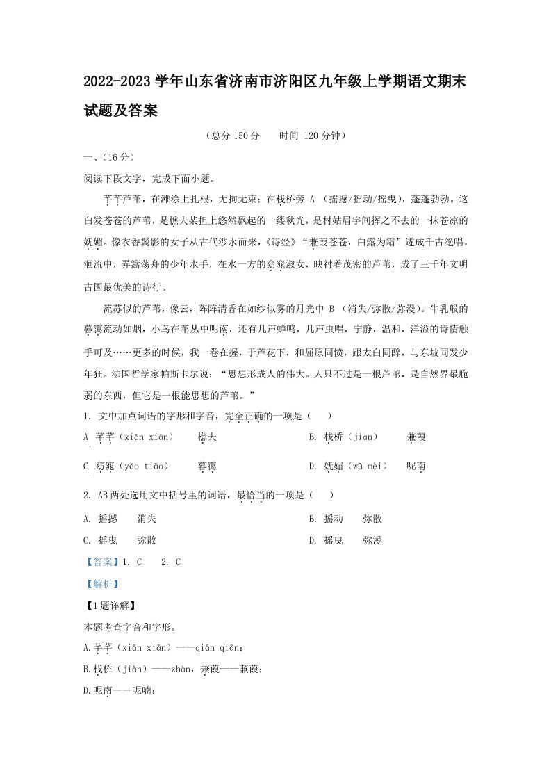 2022-2023学年山东省济南市济阳区九年级上学期语文期末试题及答案(Word版)-网亿资源平台