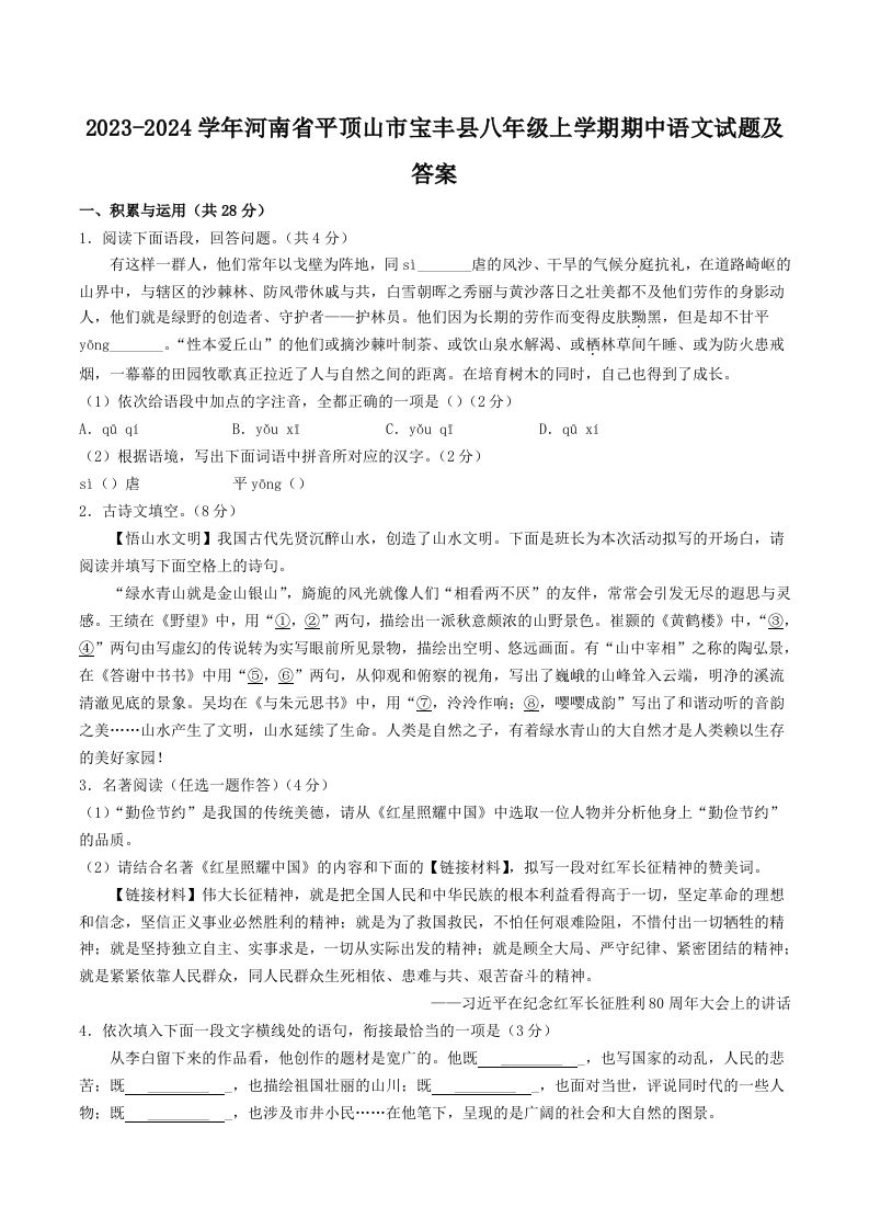 2023-2024学年河南省平顶山市宝丰县八年级上学期期中语文试题及答案(Word版)-网亿资源平台