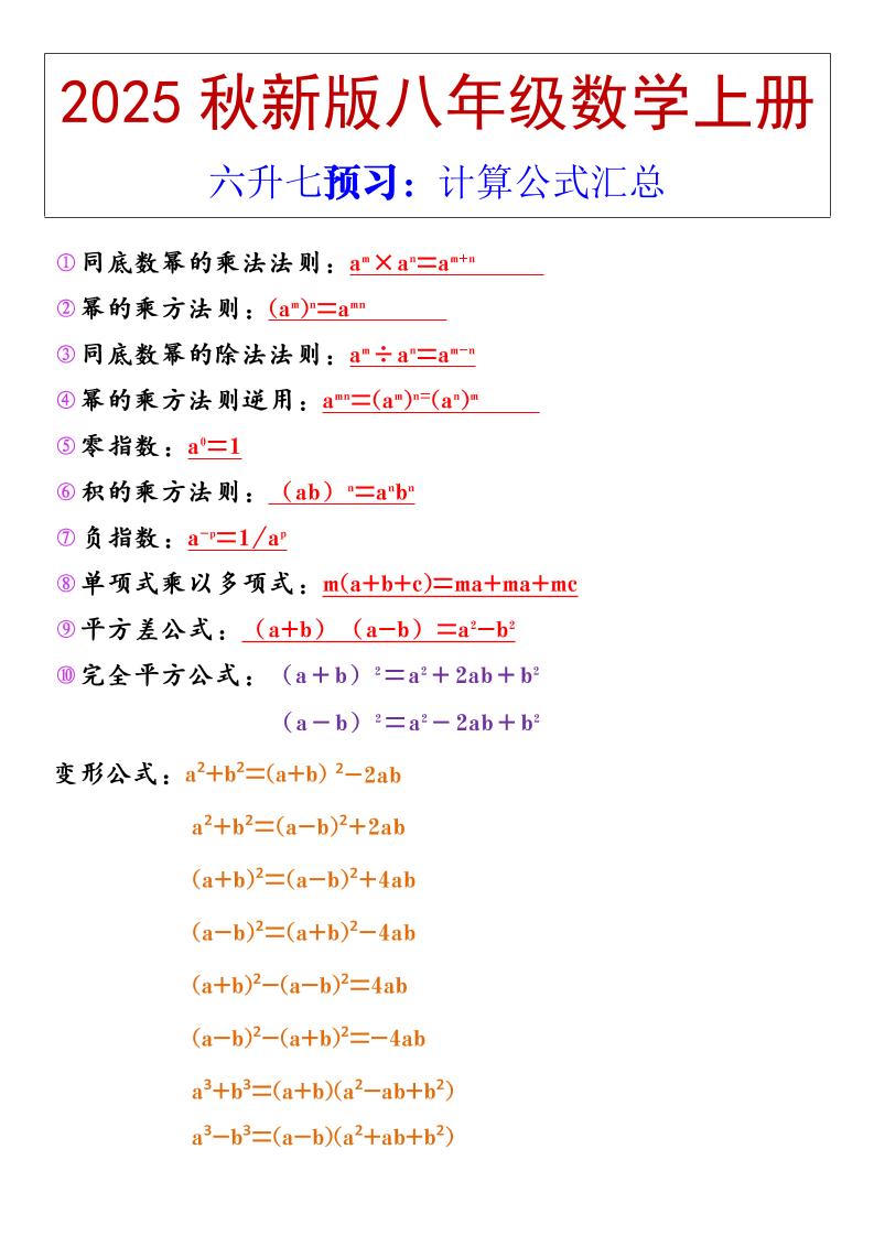 【2025秋新版】八年级上册数学计算公式汇总-网亿资源平台