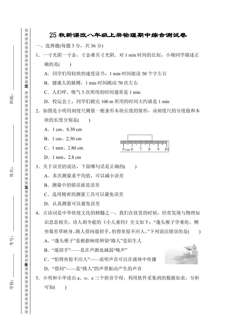 【2025秋新版】八年级上册物理期中综合测试卷-网亿资源平台