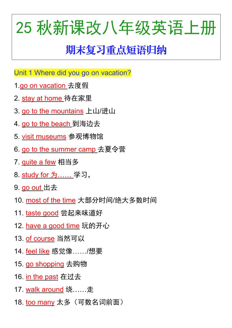 【2025秋新版】八年级英语上册期末复习重点短语归纳-网亿资源平台
