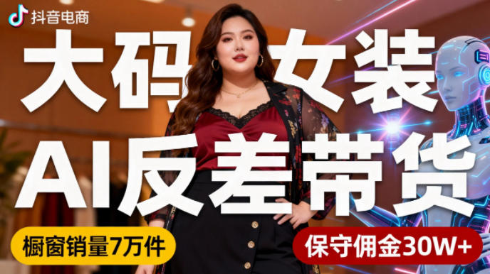 抖音小众赛道，大码女装AI反差带货，不用直播，每天6条作品，橱窗卖7万件，保守佣金30W+-网亿资源平台
