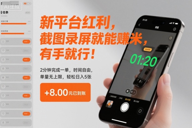 新平台红利，截图录屏就能賺米，有手就行！2分钟完成一单，时间自由，单量无上限，轻松日入5张【揭秘】-网亿资源平台