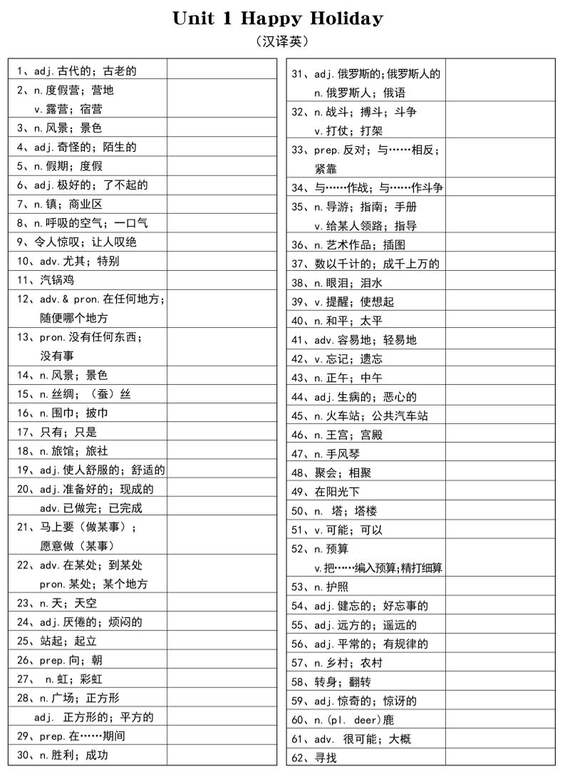 新八年级上英语单词汉译英（人教版）-网亿资源平台