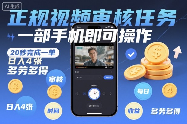 正规视频审核任务，一部手机即可操作，20秒完成一单，日入4张，多劳多得【揭秘】-邪修侠 - 演示