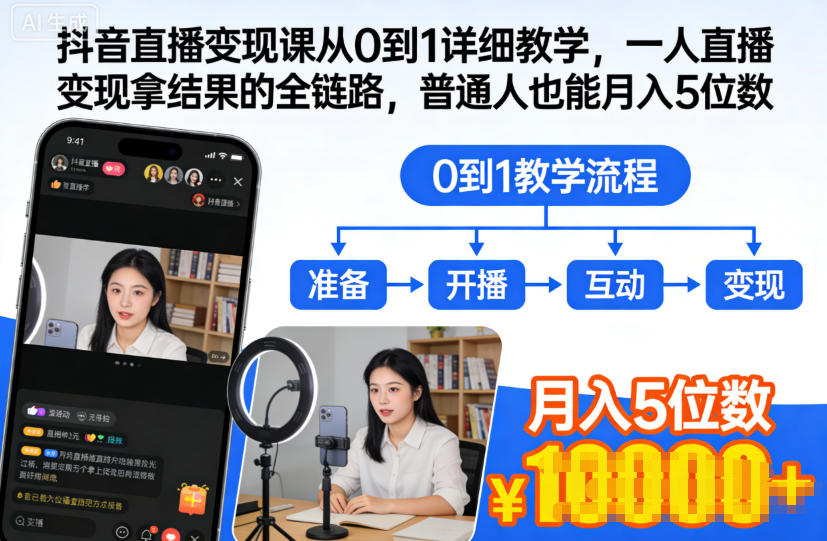 抖音直播变现课从0到1详细教学，一人直播变现拿结果的全链路，普通人也能月入5位数-网亿资源平台