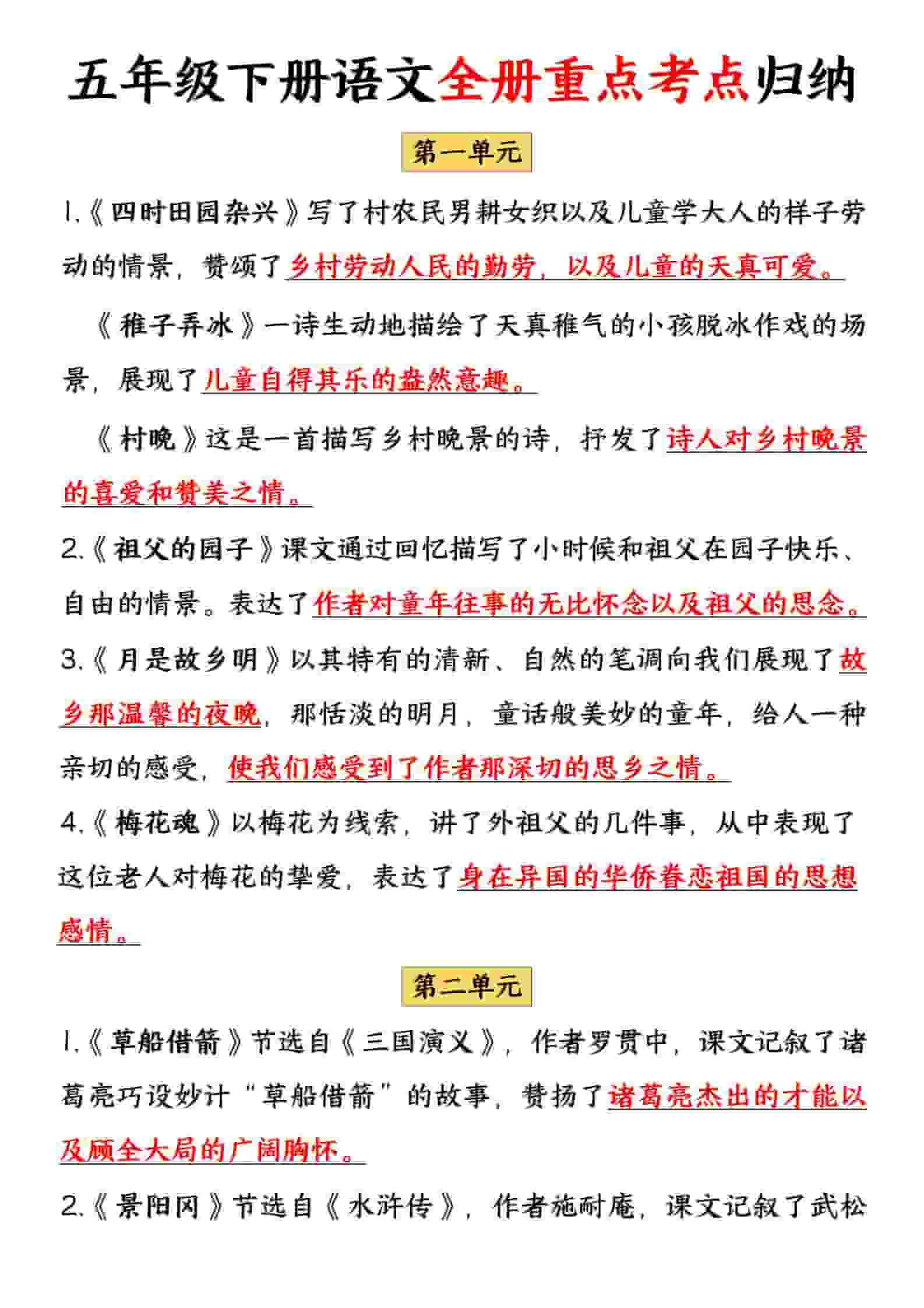 五年级下语文全册重点考点归纳-时令官IP站