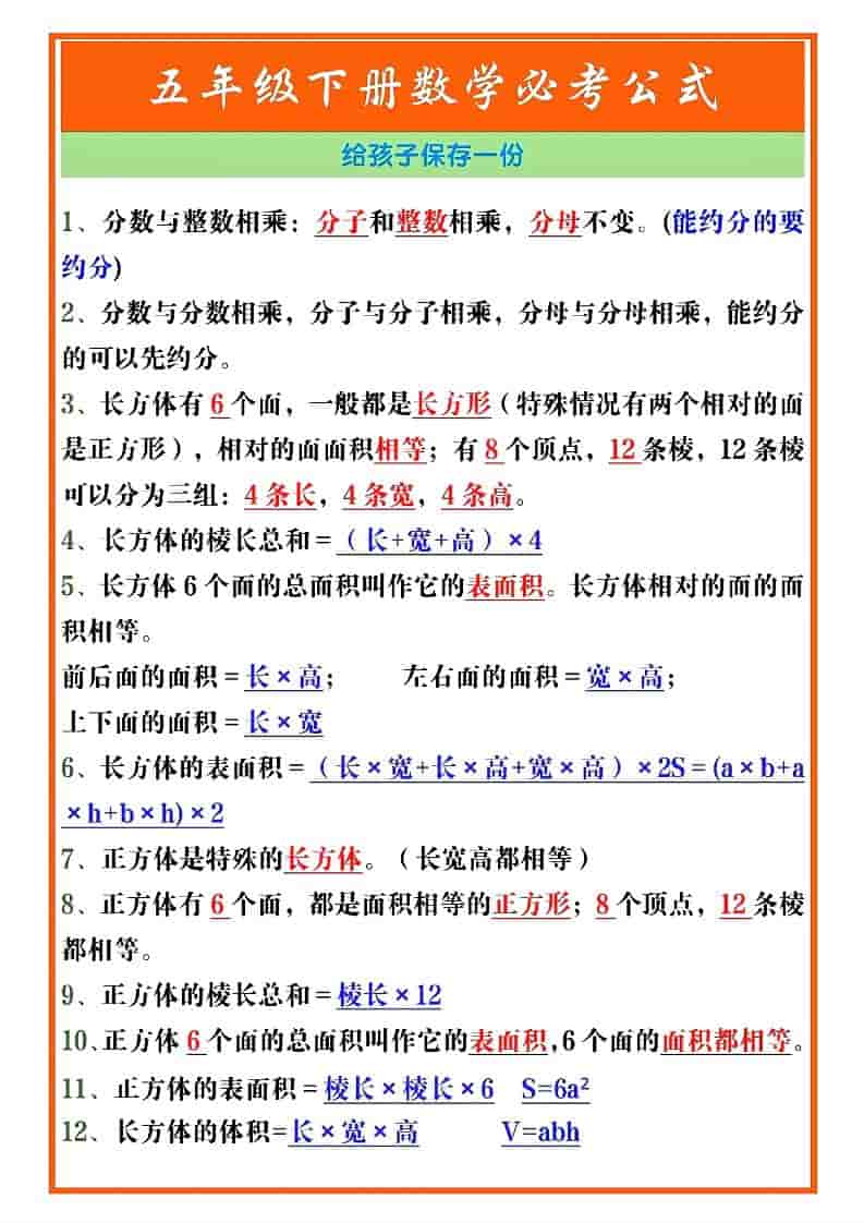 五年级下数学必考重点公式（开学必背）《人教版》-时令官IP站