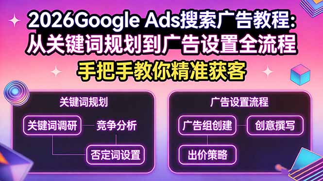 2026Google Ads搜索广告教程：从关键词规划到广告设置全流程，手把手教你精准获客-怪兽网创俱乐部