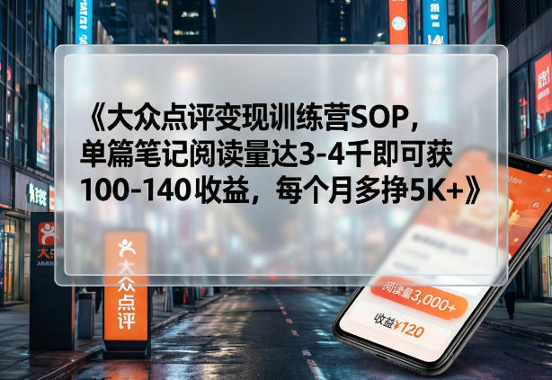 大众点评变现训练营SOP，单篇笔记阅读量达3-4千即可获100-140收益，每个月多挣5K+-副业资源网