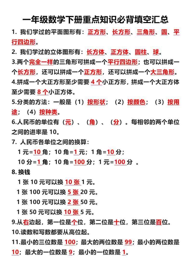 一年级下数学重点必背填空汇总-副业资源网
