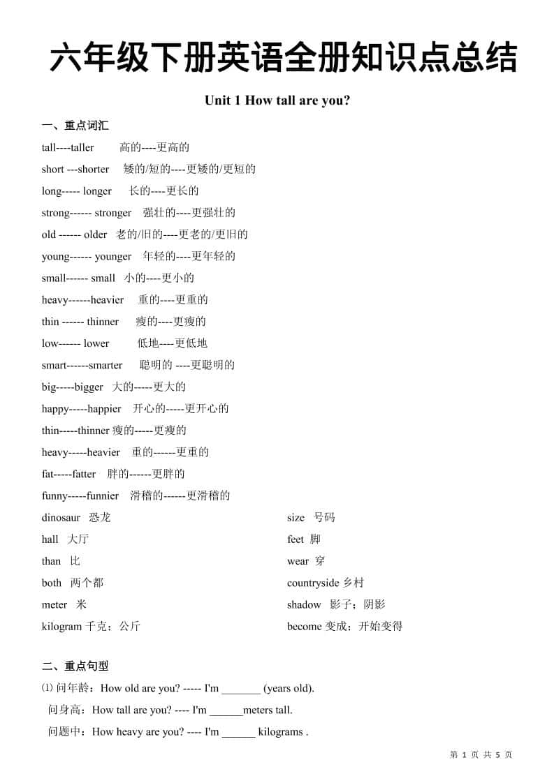 六年级下英语全册知识总结《人教版PEP》-副业资源网