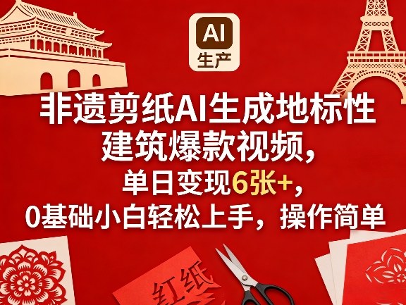 非遗剪纸AI生成地标性建筑爆款视频，单日变现6张+，0基础小白轻松上手，操作简单-怪兽网创俱乐部