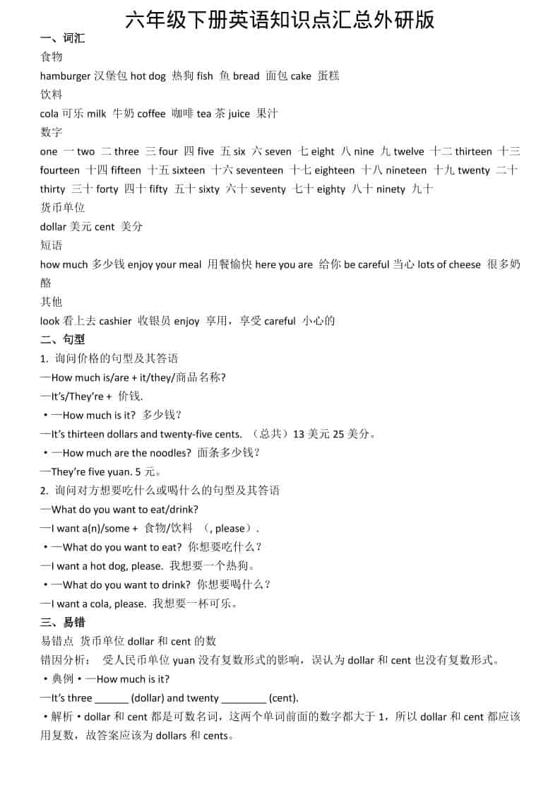 六年级下英语知识点汇总《外研版》-副业资源网