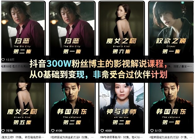 抖音300W粉丝博主的影视解说课程，从0基础到变现，非常适合过伙伴计划-皓哥创业笔记