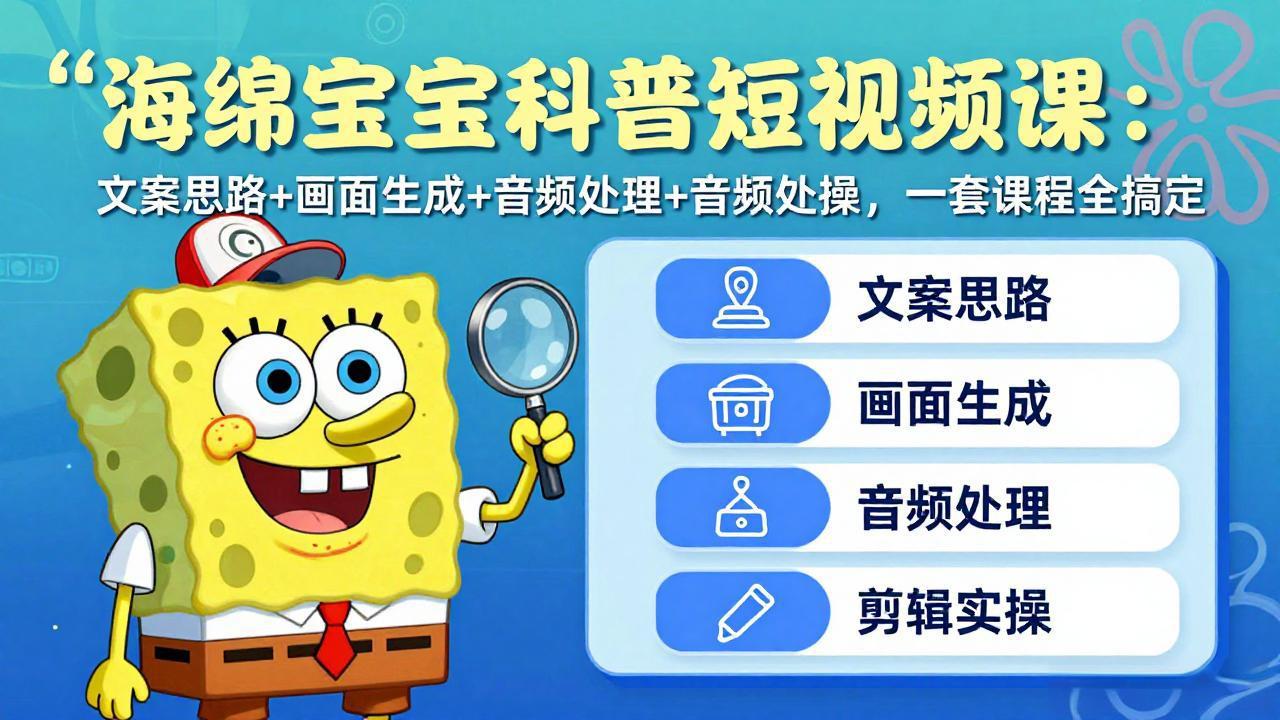 海绵宝宝科普短视频课：文案思路+画面生成+音频处理+剪辑实操，一套课程全搞定-怪兽网创俱乐部