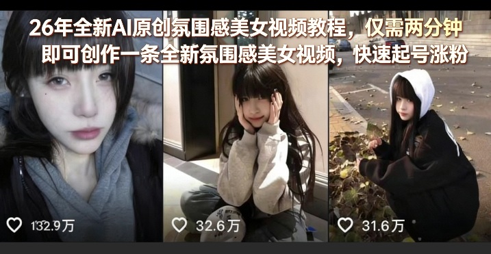 26年全新AI原创氛围感美女视频教程，仅需两分钟即可创作一条全新氛围感美女视频，快速起号涨粉-皓哥创业笔记