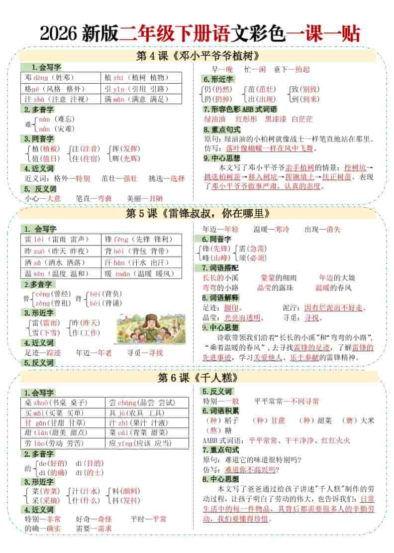 二年级下语文【彩色重点一课一贴】