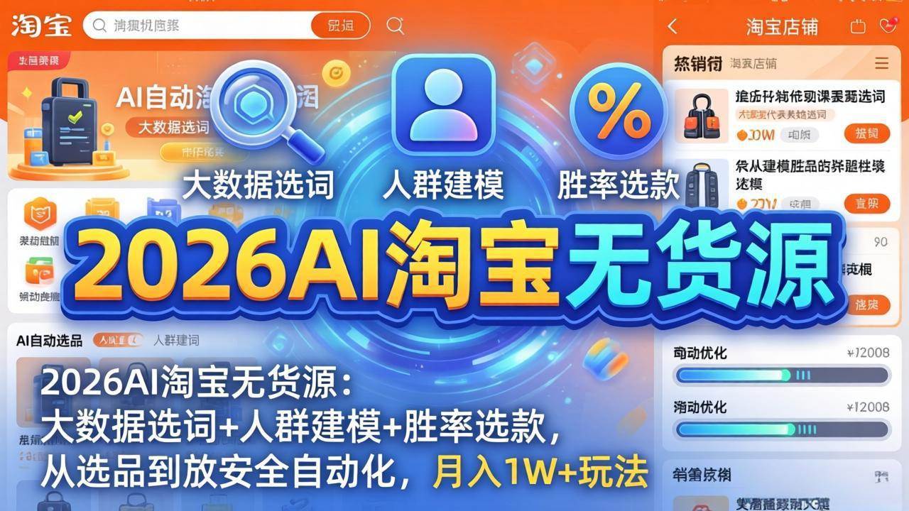 (17812期)2026AI淘宝无货源:大数据选词+人群建模+胜率选款,从选品到放大全自动化,月入1W+玩法-皓哥创业笔记