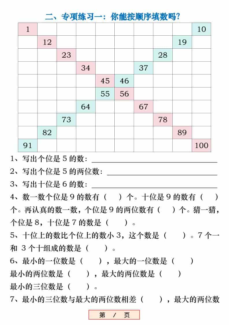 新一年级下数学《百数表》易错专项练习强化训练（含答案）
