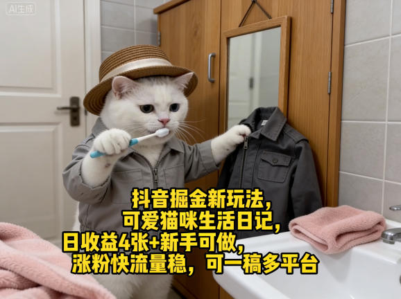 抖音掘金新玩法，可爱猫咪生活日记，日收益4张+新手可做，涨粉快流量稳，可一稿多平台-皓哥创业笔记
