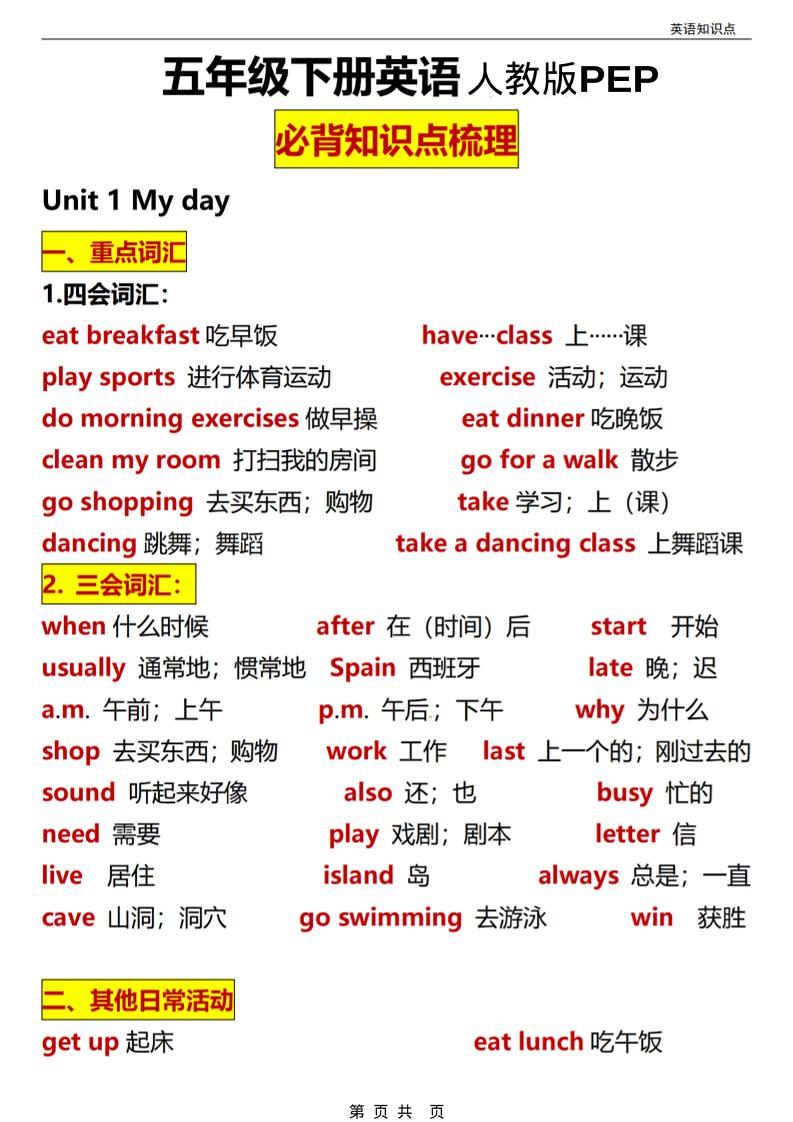 五年级(下）英语全册知识点汇总《人教版PEP》-皓哥创业笔记