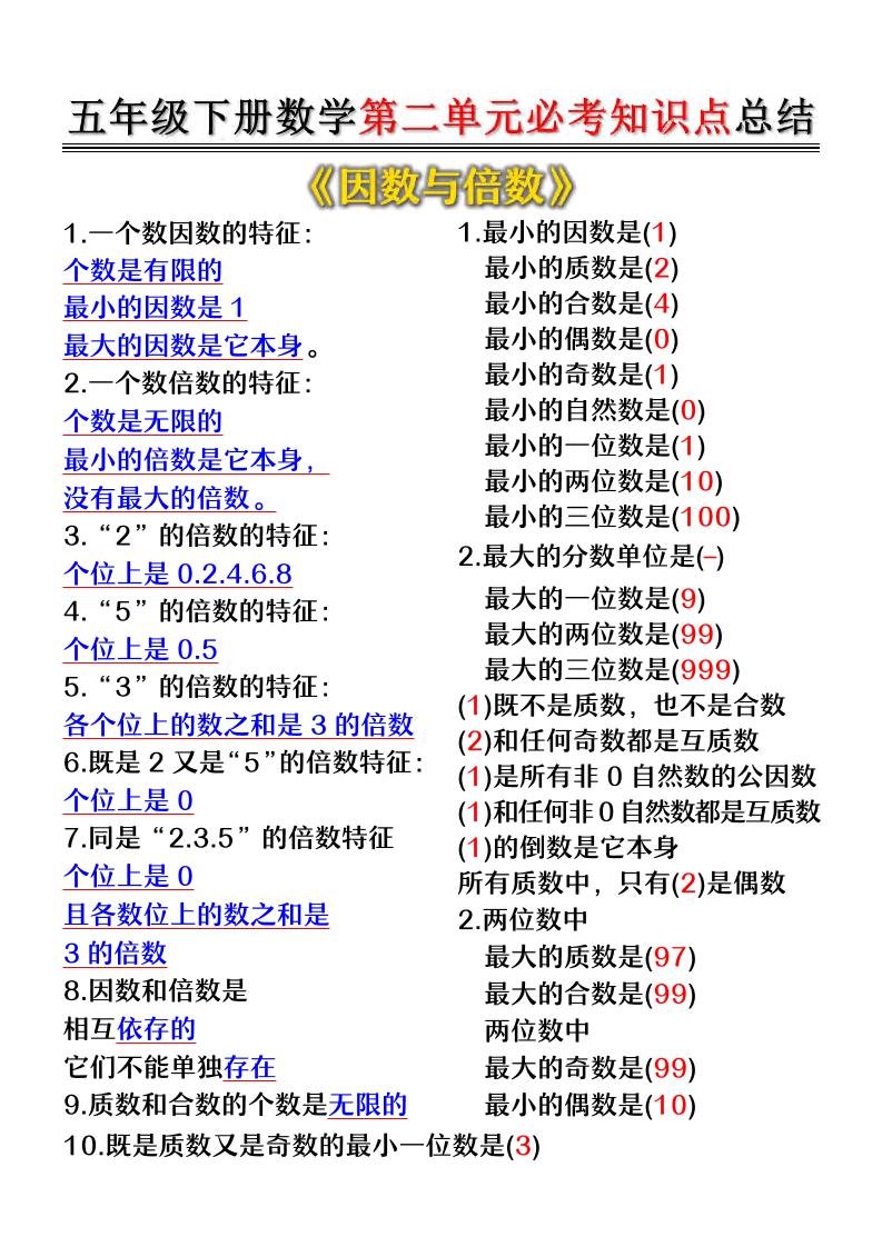 五年级下数学第二单元必考知识点总结-90网