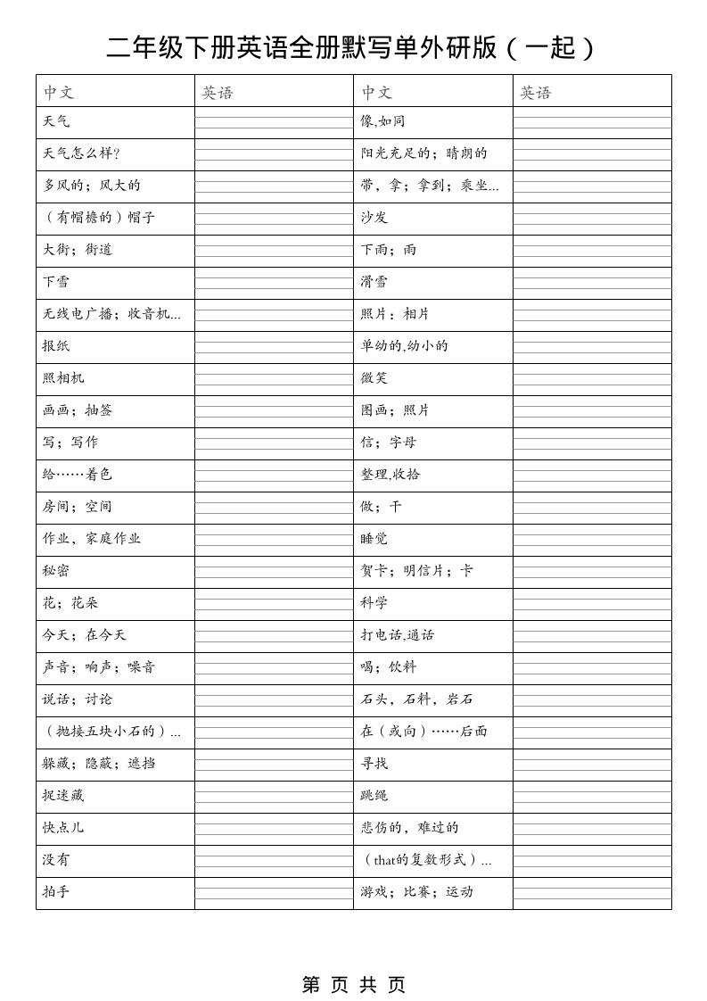 二年级下英语全册默写单（看中写英）《外研版（一起）》-90网