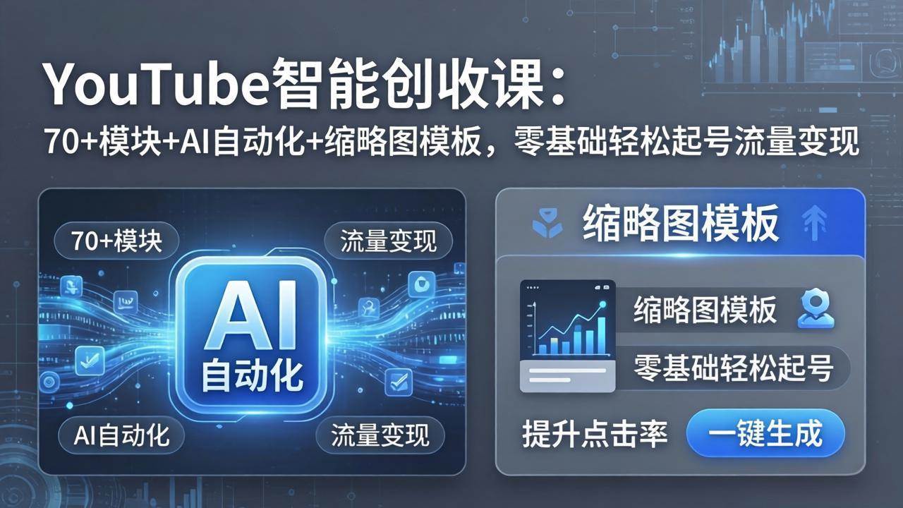 (17926期)YouTube智能创收课:70+模块+AI自动化+缩略图模板,零基础轻松起号流量变现-优优云网创