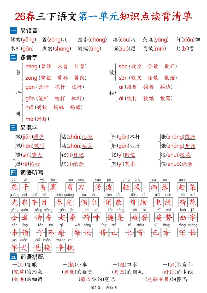 26新三年级下语文1-8单元知识点读背清单（28页）-90网