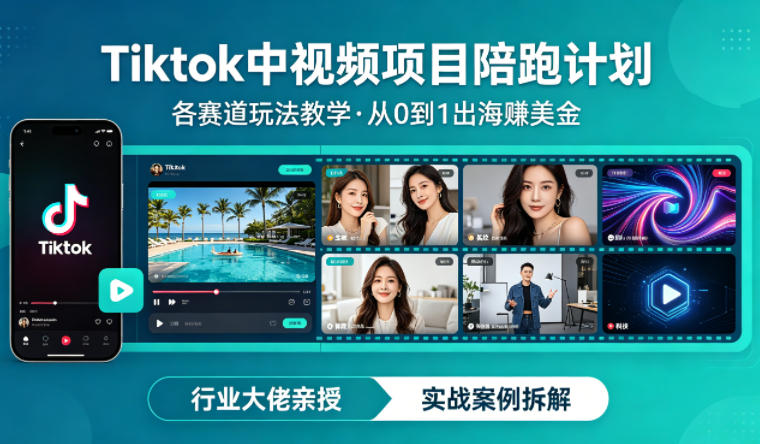 某大佬的Tiktok中视频项目陪跑，涵盖TK各个赛道玩法教学，从0到1出海賺美金-优优云网创