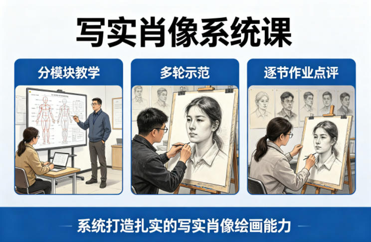 写实肖像系统课,全程分模块教学+多轮示范+逐节作业点评,系统打造扎实的写实肖像绘画能力-优优云网创