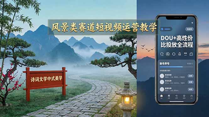 风景类赛道短视频运营教学：诗词文学中式美学，新号养号对标账号定位，DOU+高性价比投放全流程-多课资源站
