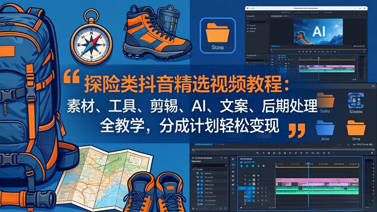 探险类抖音精选视频教程：素材、工具、剪辑、AI、文案、后期处理全教学，分成计划轻松变现-多课资源站