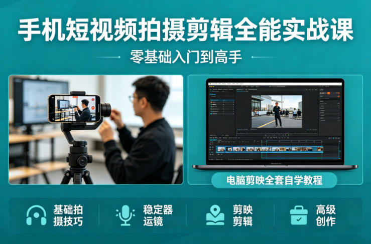 手机短视频拍摄剪辑全能实战课：零基础入门到高手，稳定器运镜+电脑剪映全套自学教程-小白项目网