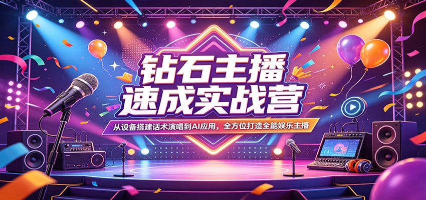 钻石主播速成实战营：从设备搭建话术演唱到AI应用，全方位打造全能娱乐主播-极栈网络