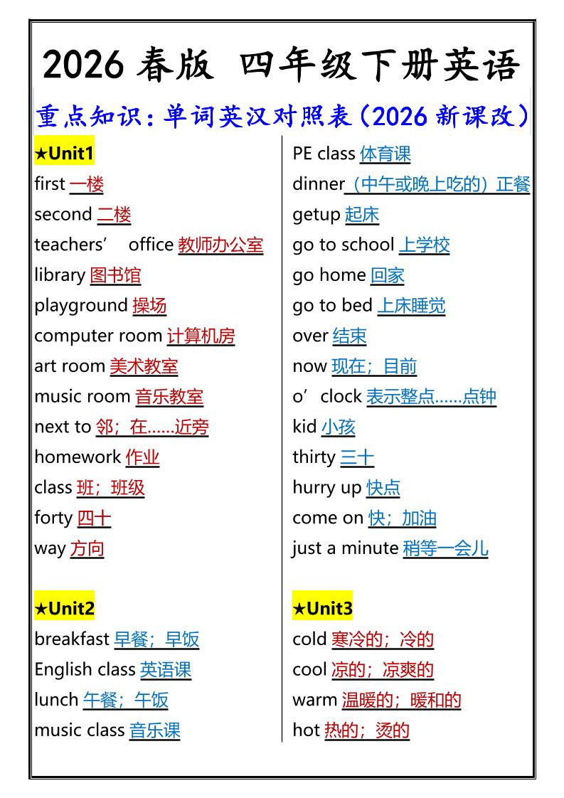 2026春新版四年级下英语重点知识:单词英汉对照表《人教版PEP》-90网