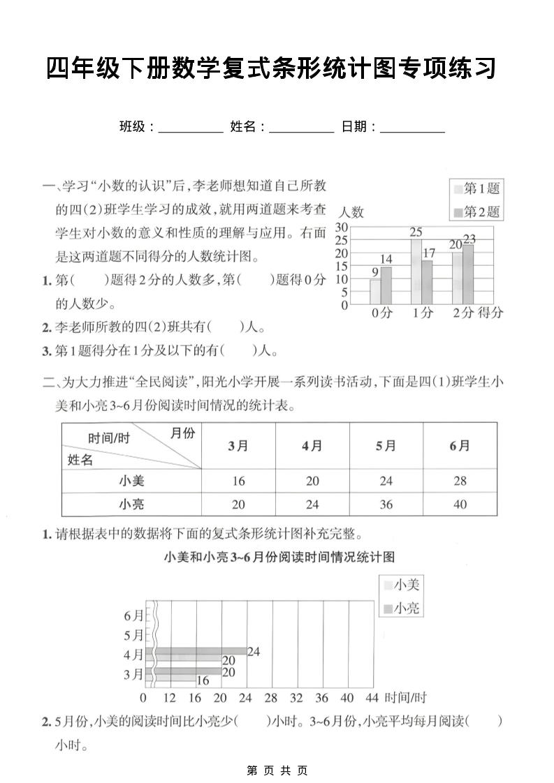 四年级下数学复式条形统计图专项练习-90网