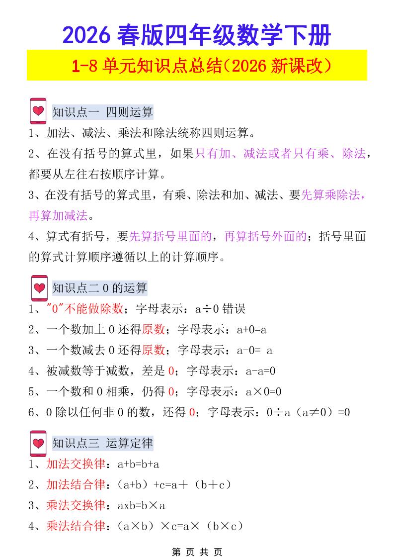 2026春新版四年级下数学1-8单元知识点总结《人教版》-90网